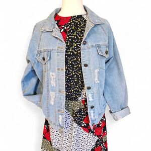 Light Wash Denim Jacket with Distressed Detail Size Medium